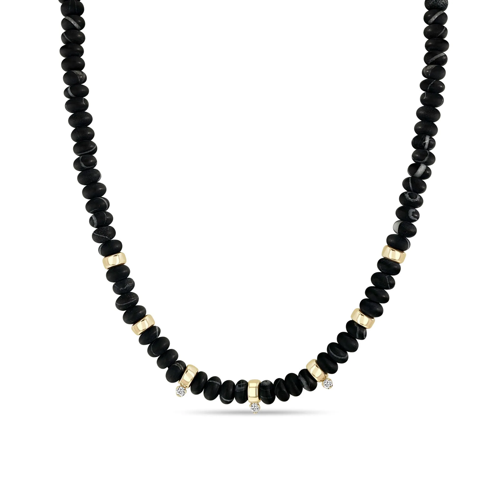 14k Gold & Matte Black Agate Rondelle Bead Necklace with 3 Prong Diamonds