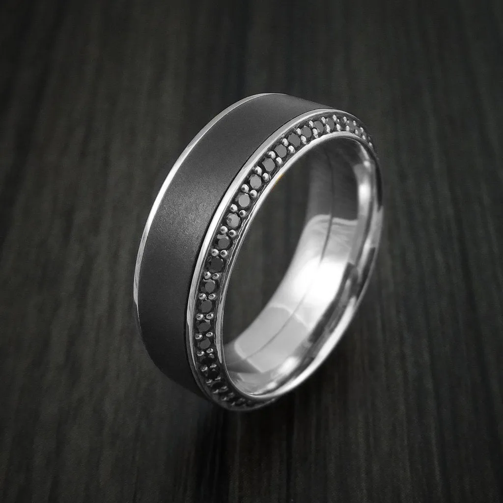 14k White Gold Men's Ring With Elysium Black Diamond Inlay And Eternity Set Black Diamonds Custom Made Band