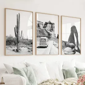 3 Piece Desert Black White Travel Photo. Cactus, Arches, Bus