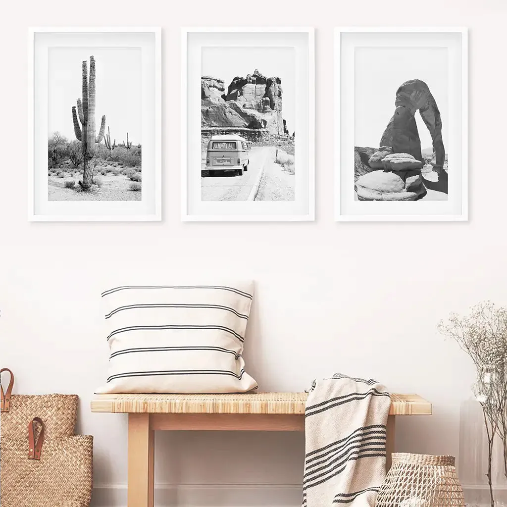 3 Piece Desert Black White Travel Photo. Cactus, Arches, Bus