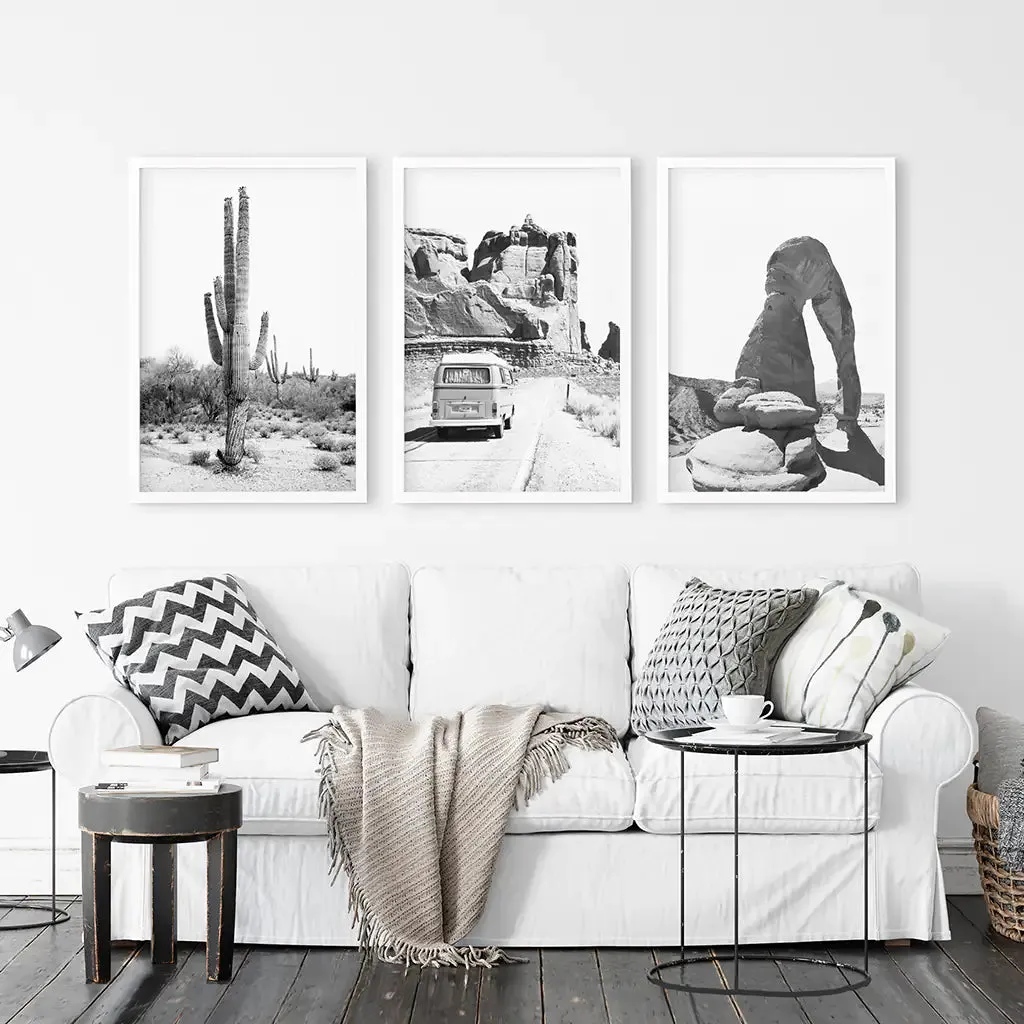 3 Piece Desert Black White Travel Photo. Cactus, Arches, Bus