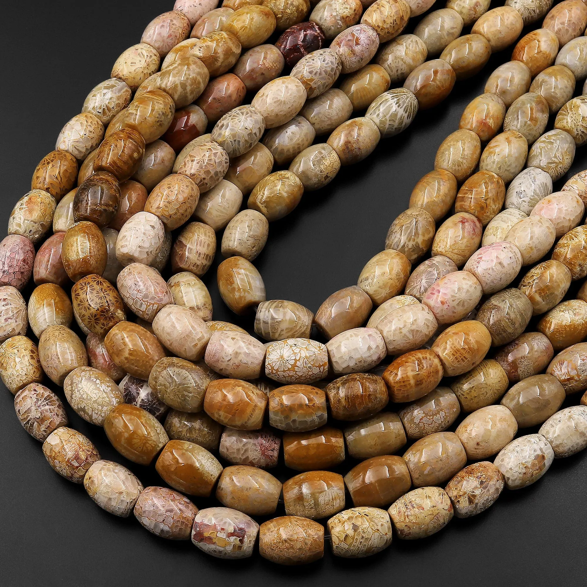 A Grade Natural Fossil Coral Smooth Cylinder Drum Barrel Beads 8mm Beige Gray Beads 15.5" Strand