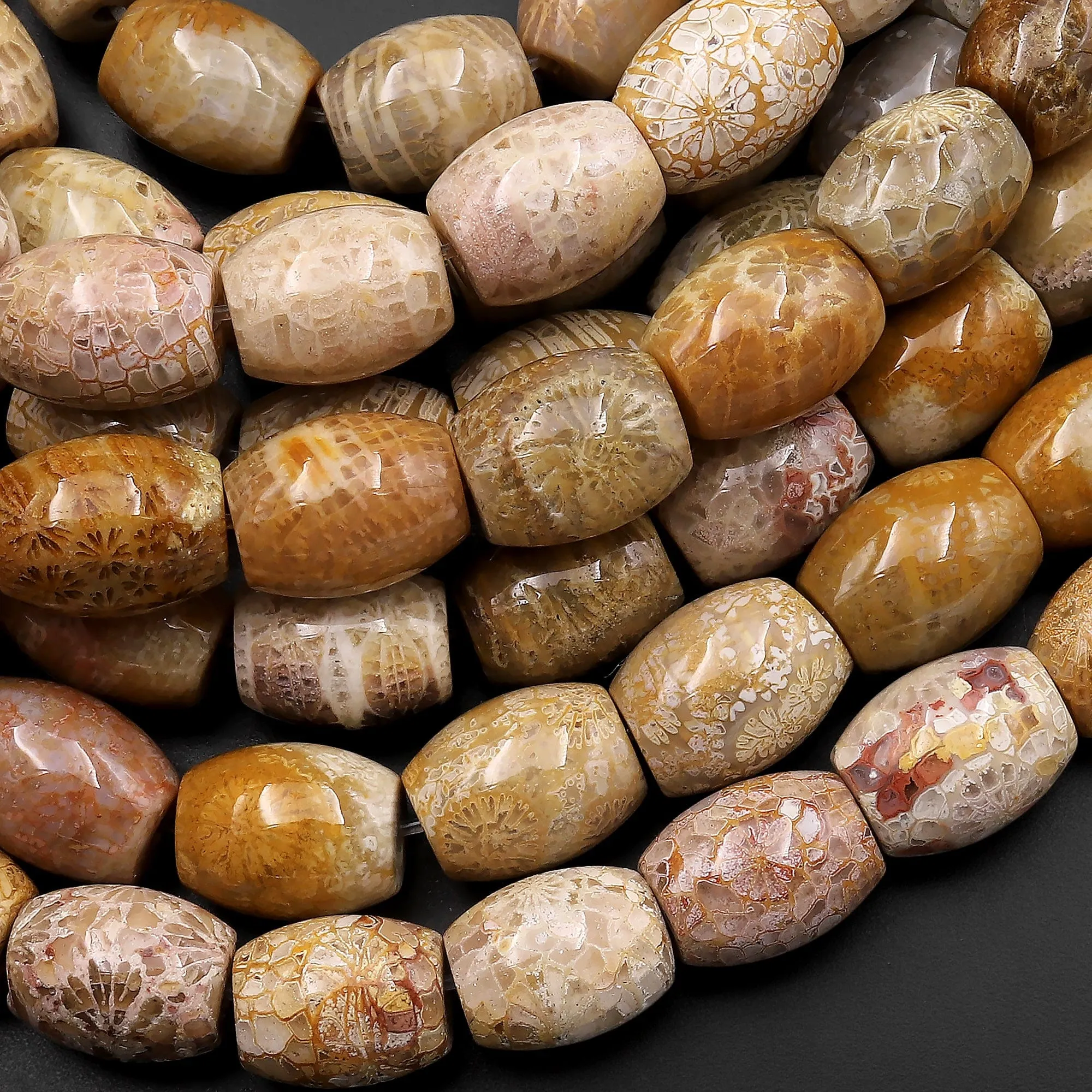 A Grade Natural Fossil Coral Smooth Cylinder Drum Barrel Beads 8mm Beige Gray Beads 15.5" Strand