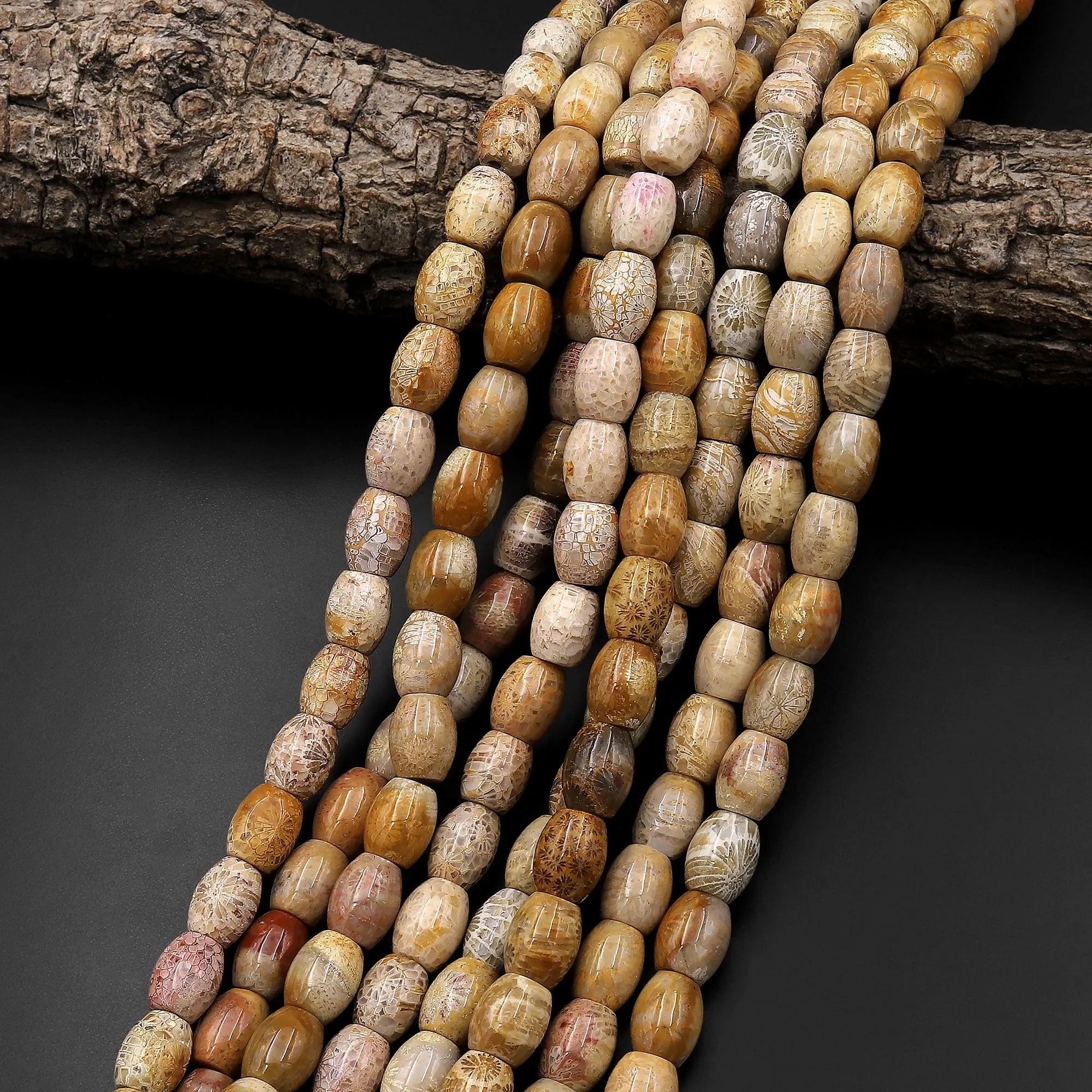 A Grade Natural Fossil Coral Smooth Cylinder Drum Barrel Beads 8mm Beige Gray Beads 15.5" Strand