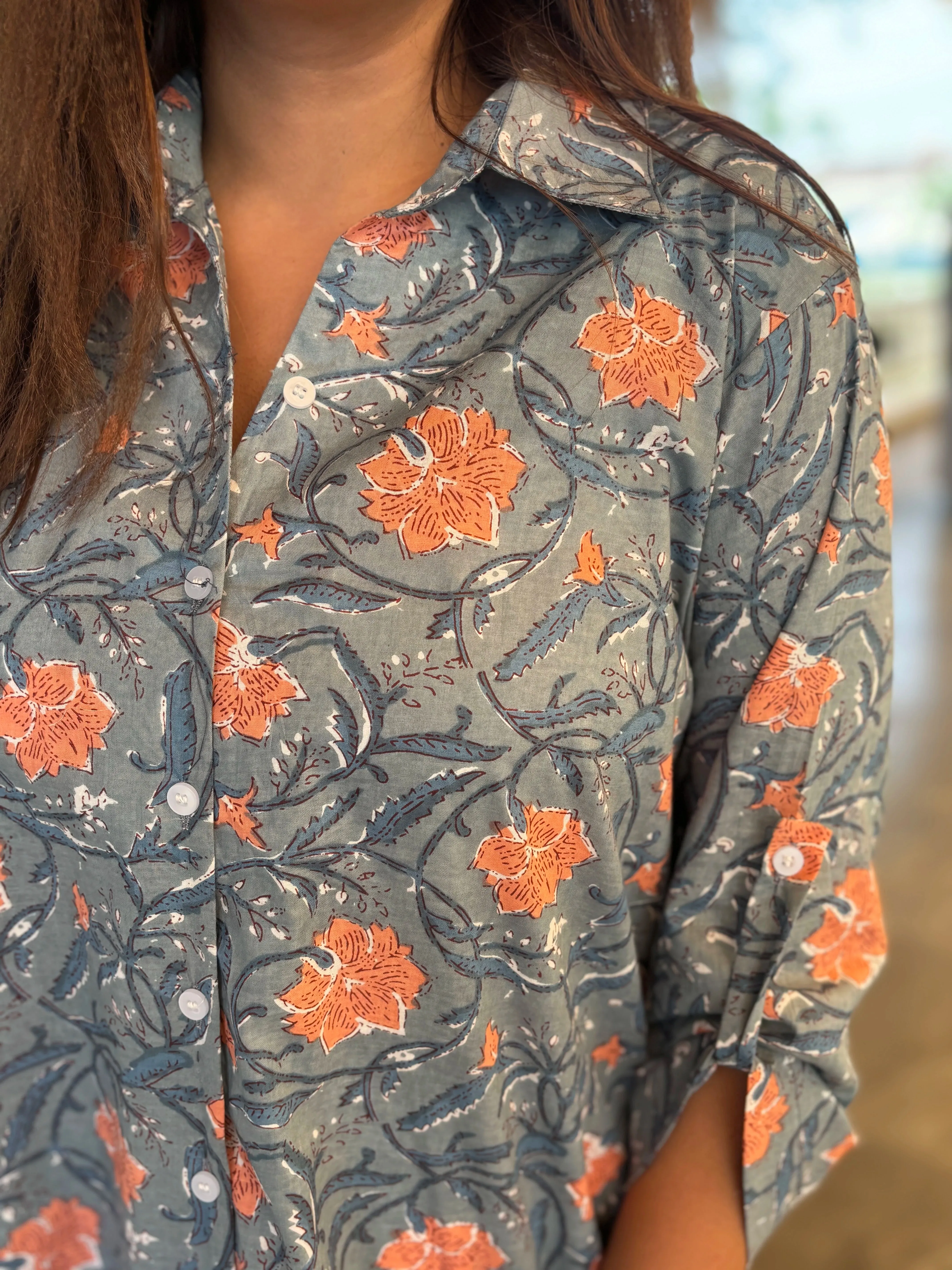 Aqua Forst Floral Printed Cotton Aline Shirt