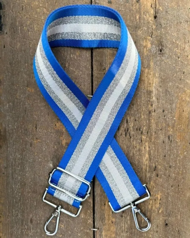 Bag Strap - Silver, Cobalt Blue And Silver Grey Stripe