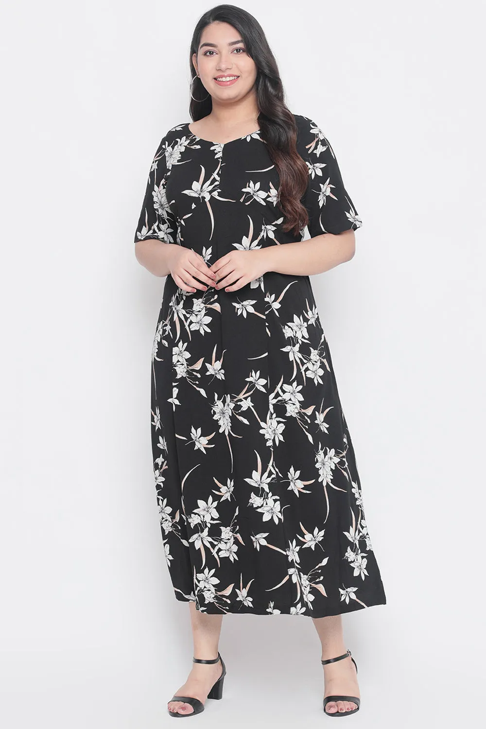 Black Floral Printed Frill Sleeve Dress