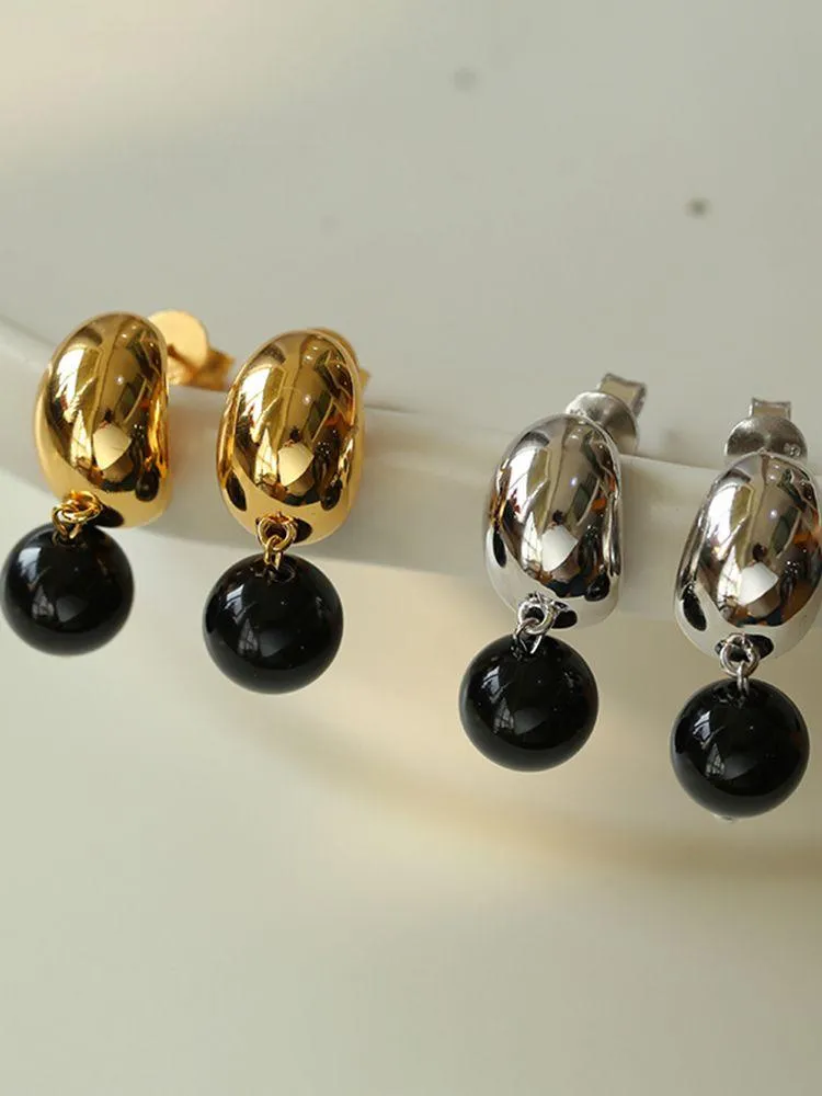 Black Onyx Drop Huggie Earrings