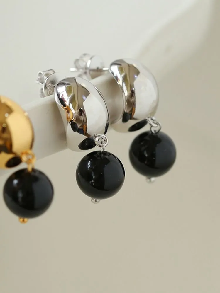 Black Onyx Drop Huggie Earrings