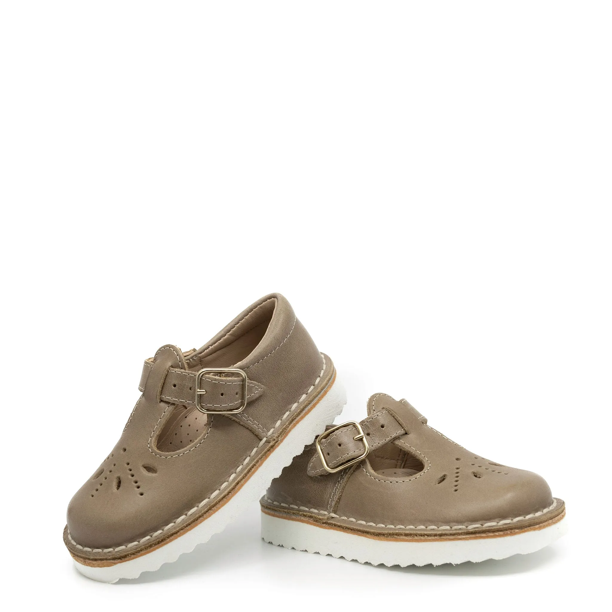 Blublonc Taupe Perforated T Strap Baby Shoe