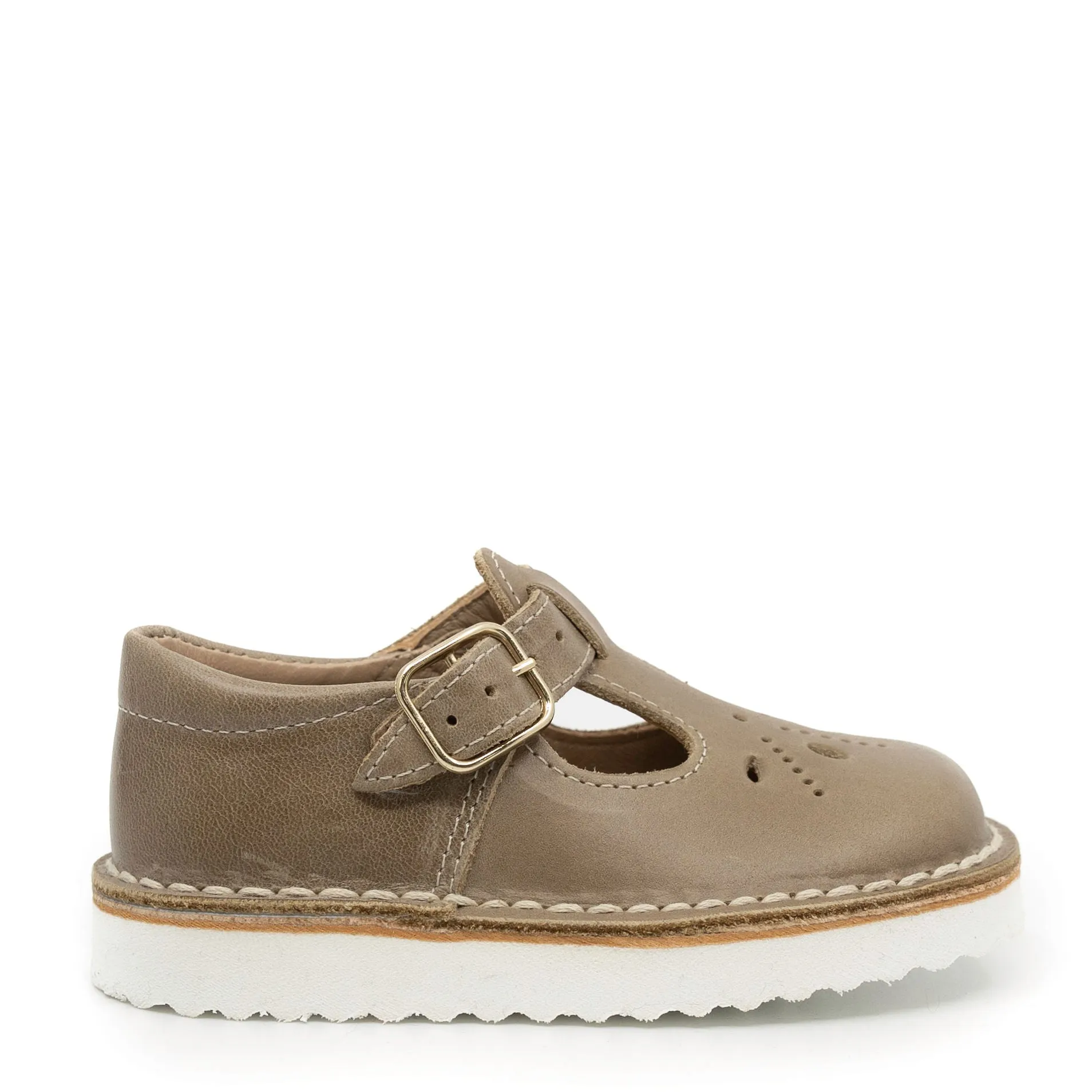 Blublonc Taupe Perforated T Strap Baby Shoe