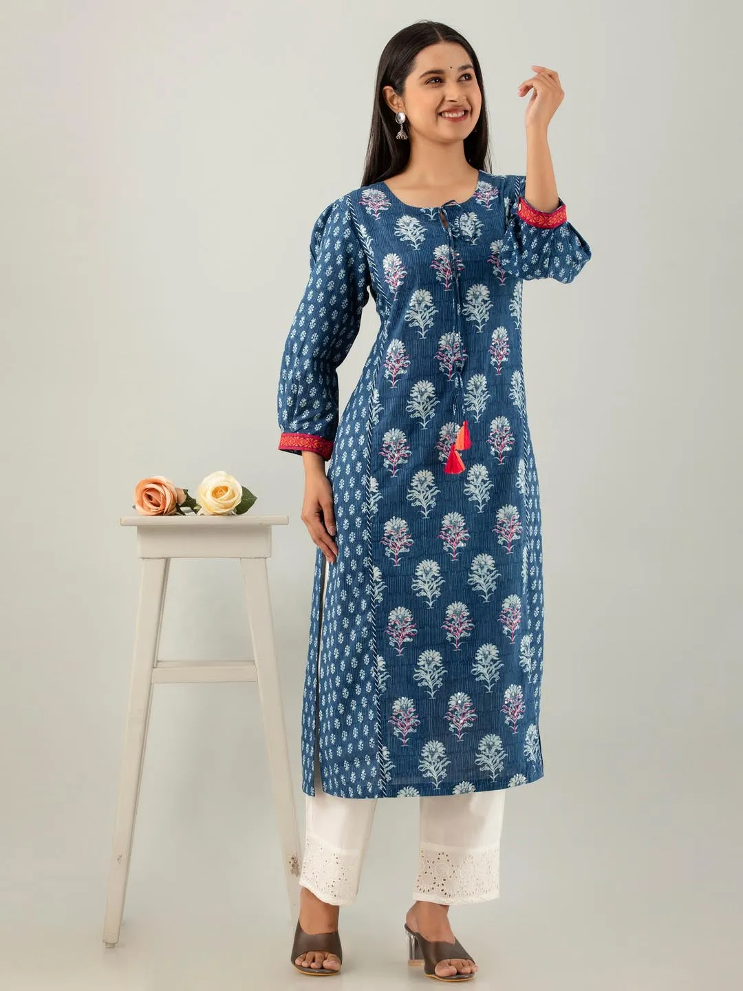 Blue Floral Printed Straight Cotton Kurta