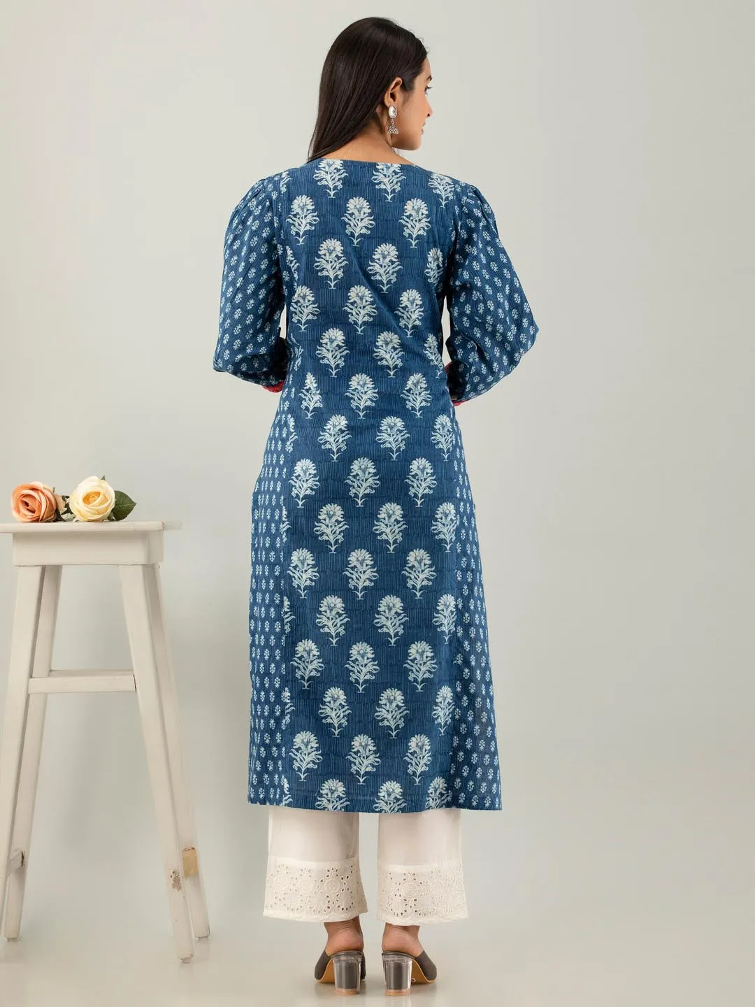 Blue Floral Printed Straight Cotton Kurta