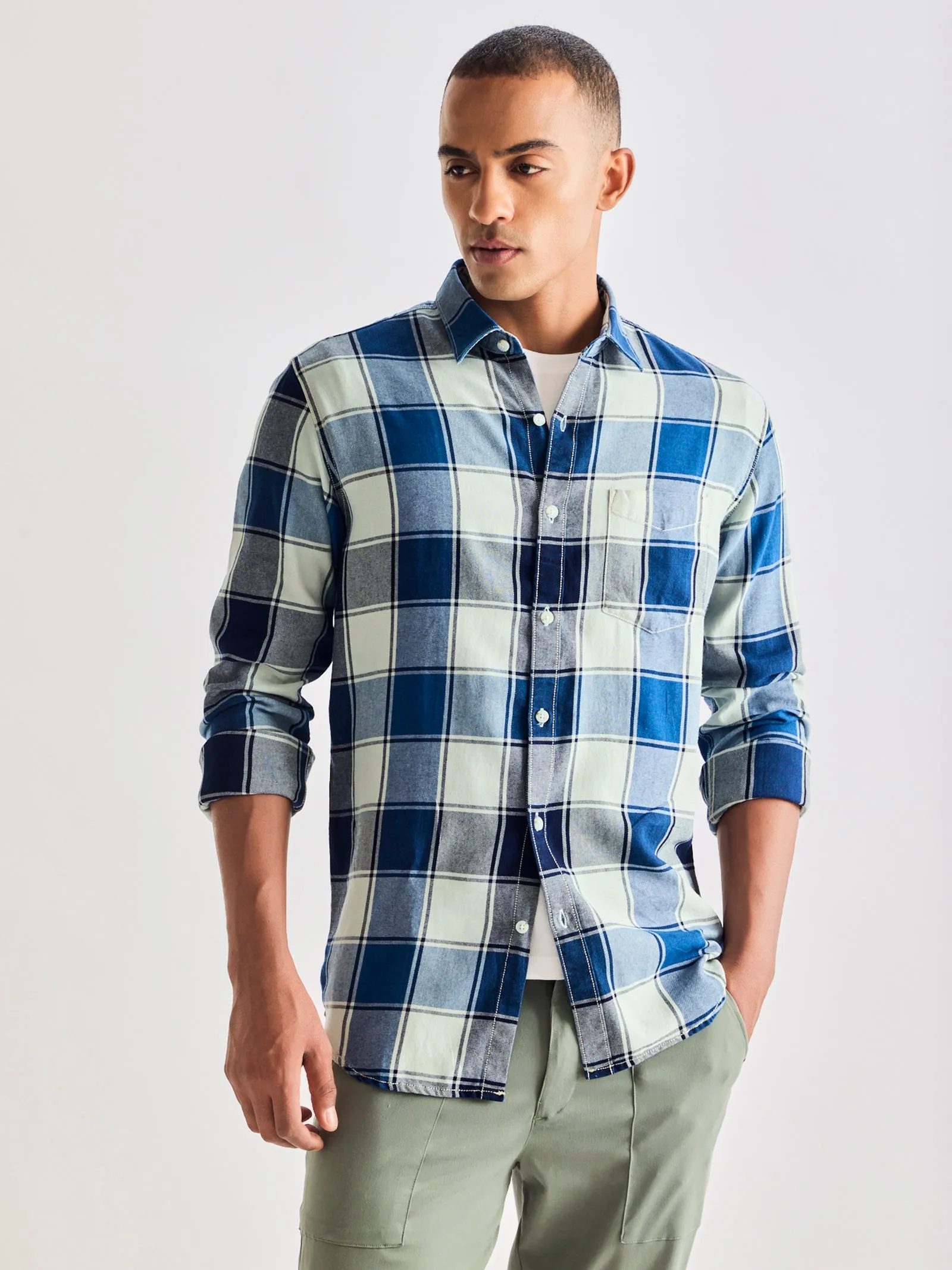 Blue Pure Cotton Checked Shirt