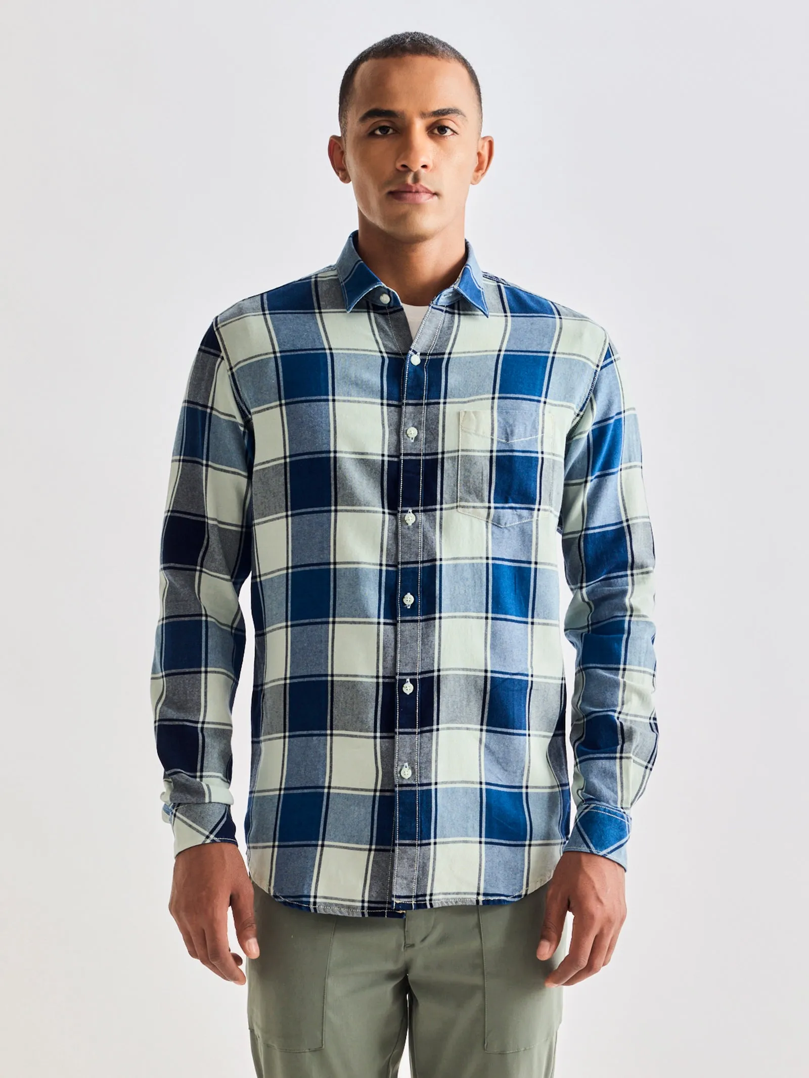 Blue Pure Cotton Checked Shirt