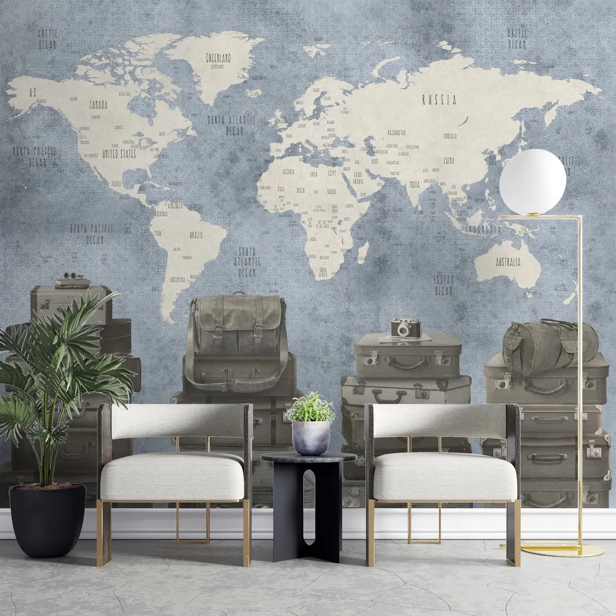 Blue Travel Theme World Map Customised Wallpaper