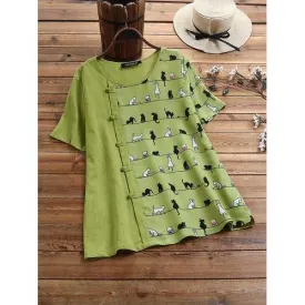 Cat Print Frog Button T-shirt