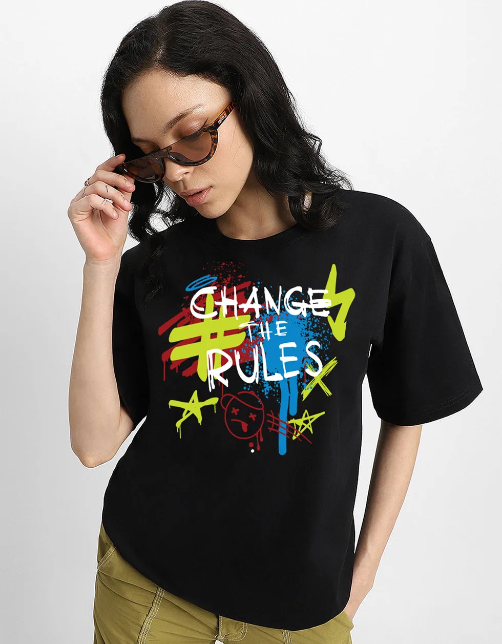 CHANGE THE RULE Women Black Oversized Front Typographic Printed Tshirt