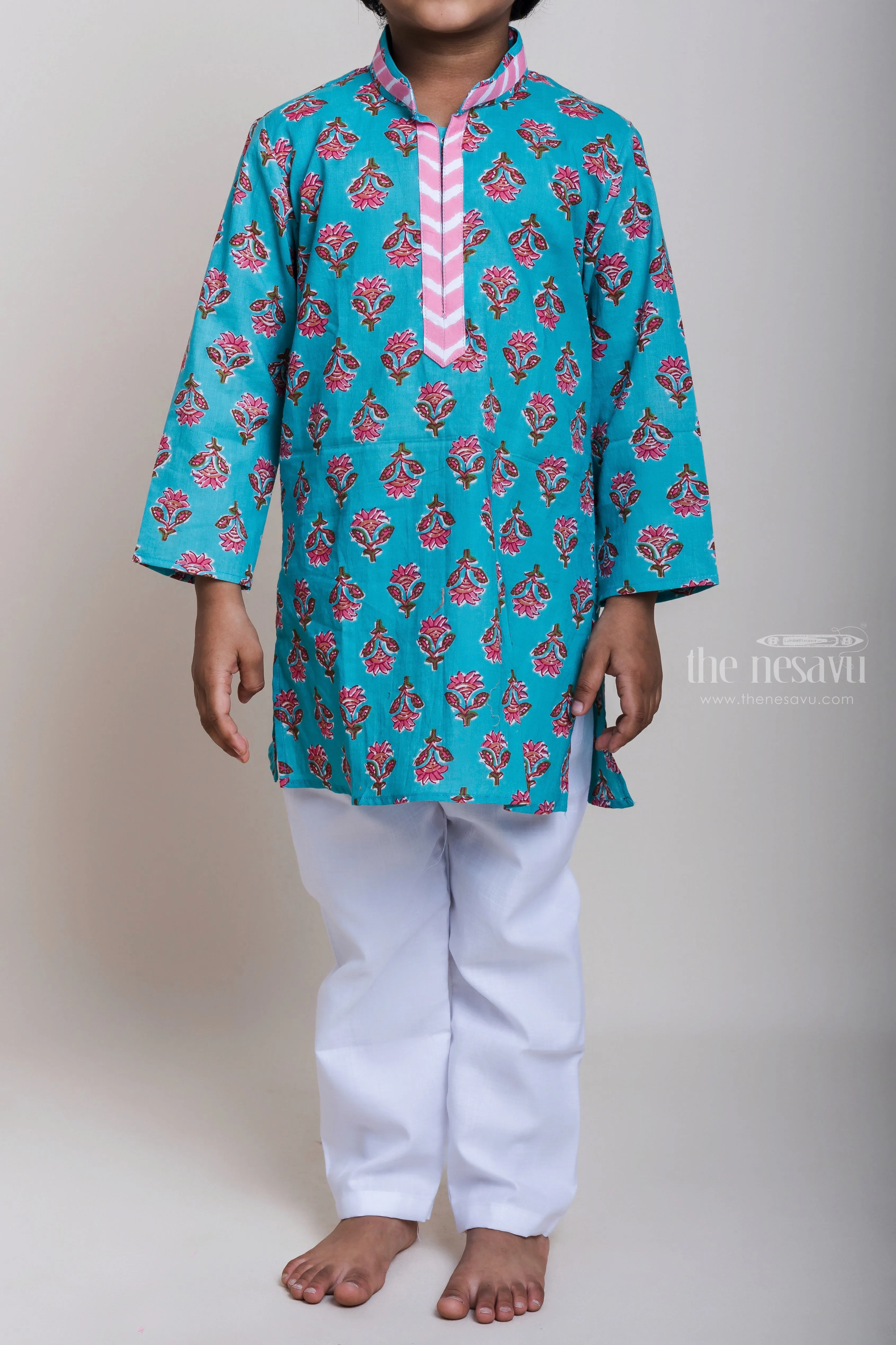 Designer Neck Floral Printed Blue Cotton Kurta And Pyjama For Little Boys