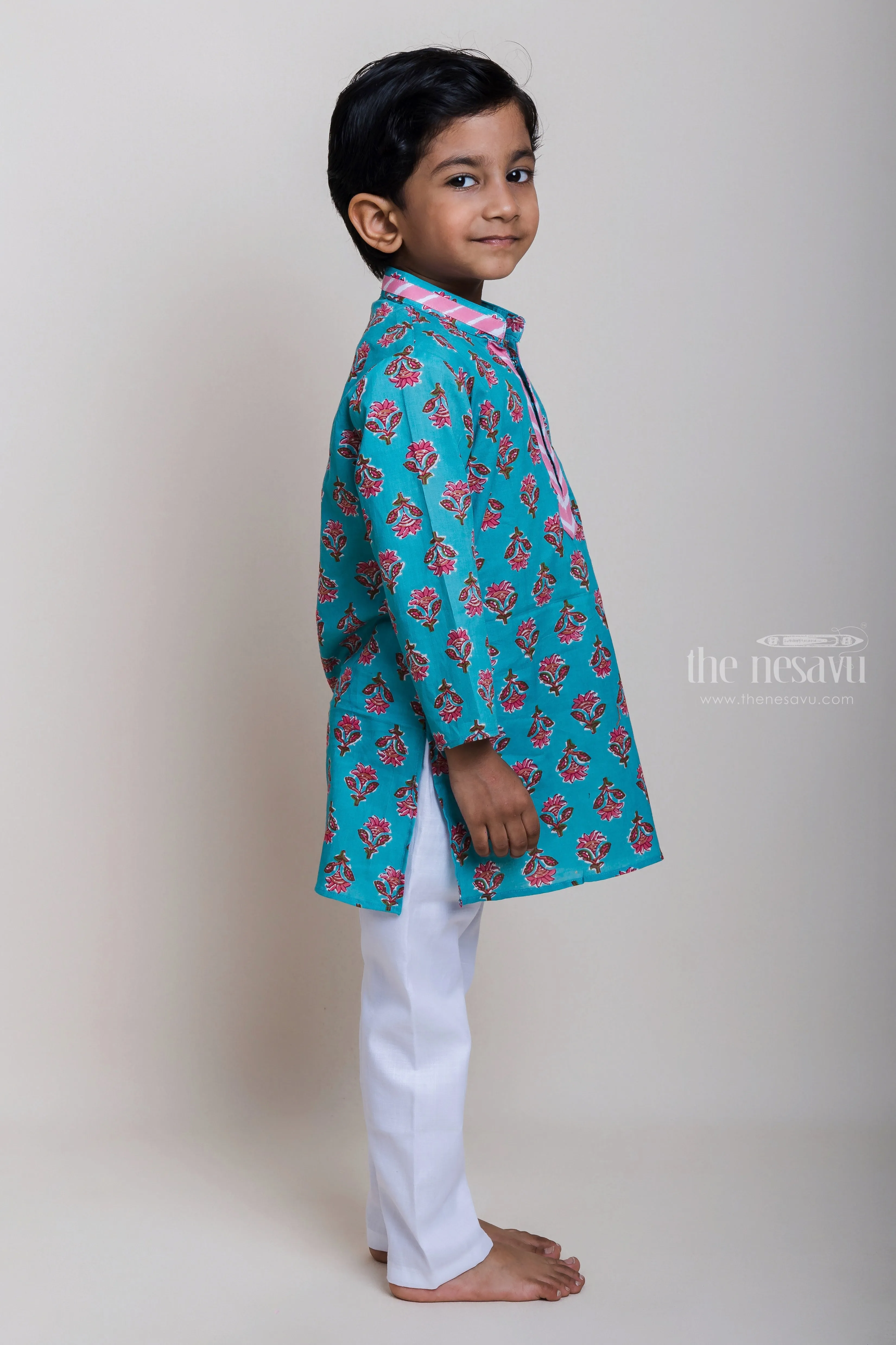 Designer Neck Floral Printed Blue Cotton Kurta And Pyjama For Little Boys