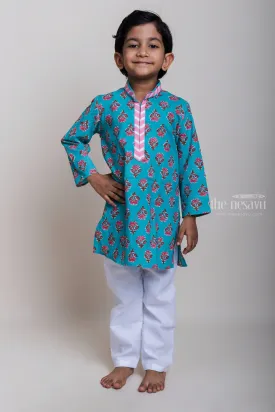 Designer Neck Floral Printed Blue Cotton Kurta And Pyjama For Little Boys