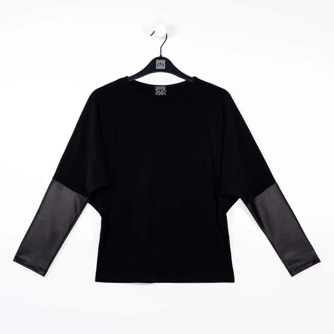 Dolman Sleeve Liquid Leather Cuff Top - Black - Final Sale!