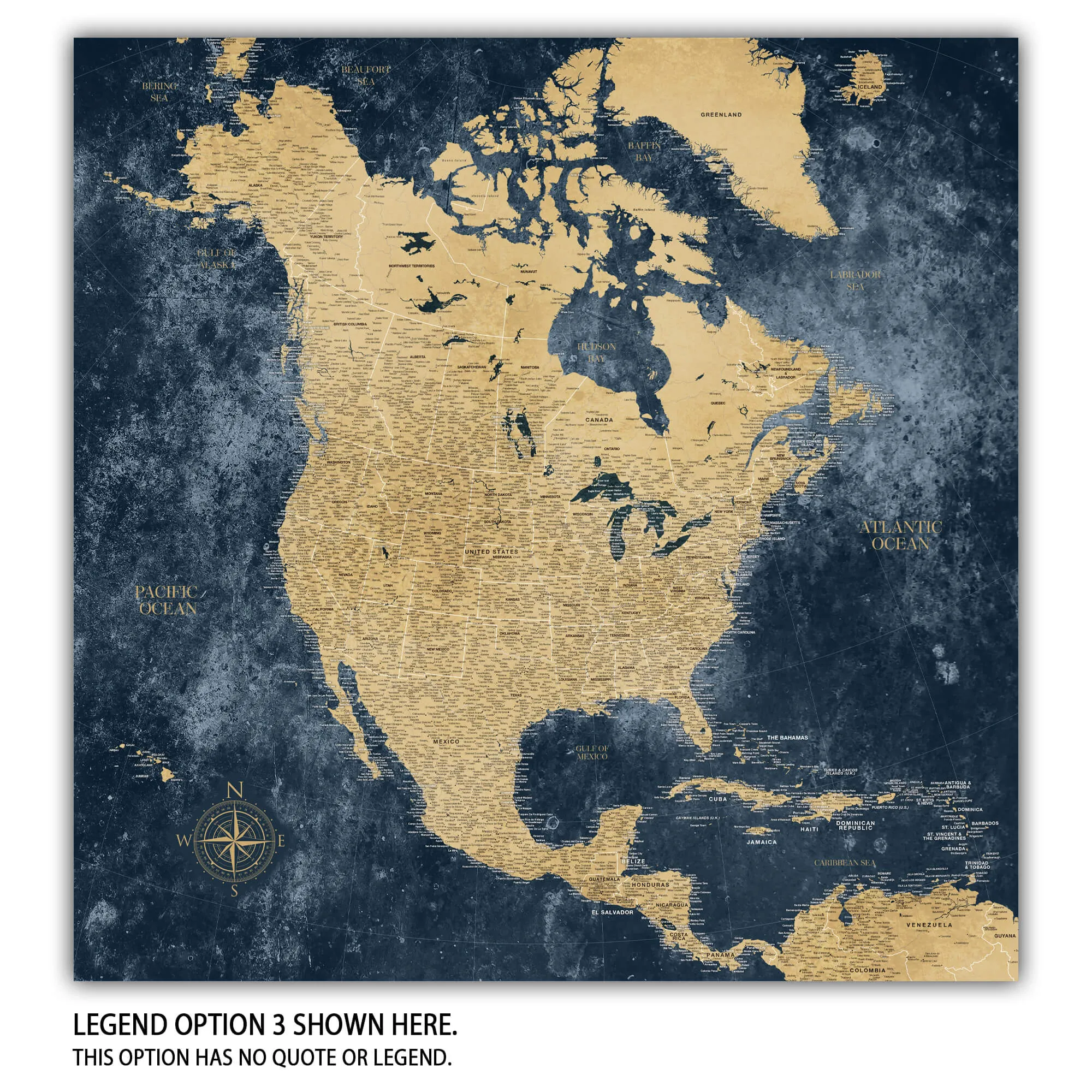 Gold & Navy Textured Map of North America