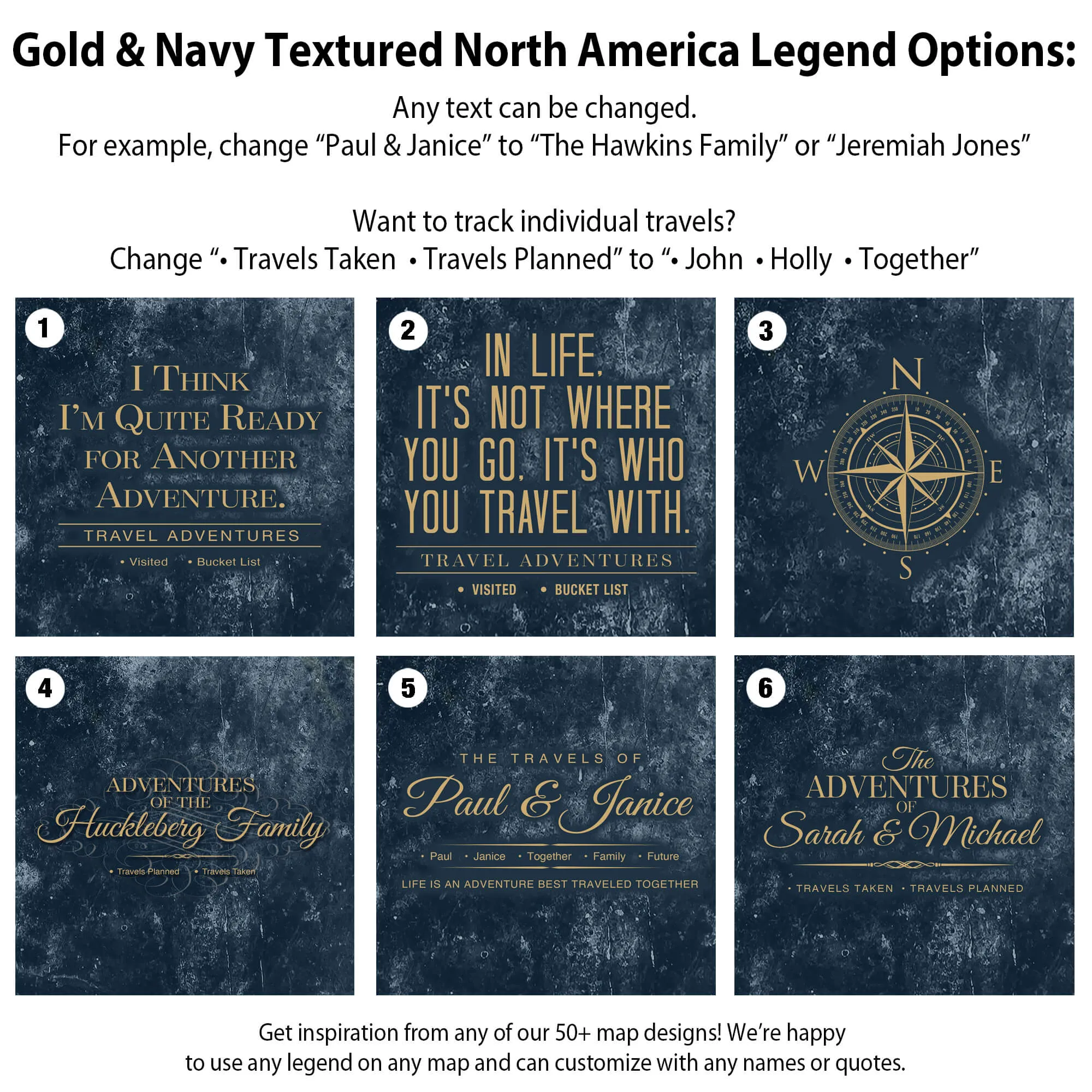 Gold & Navy Textured Map of North America