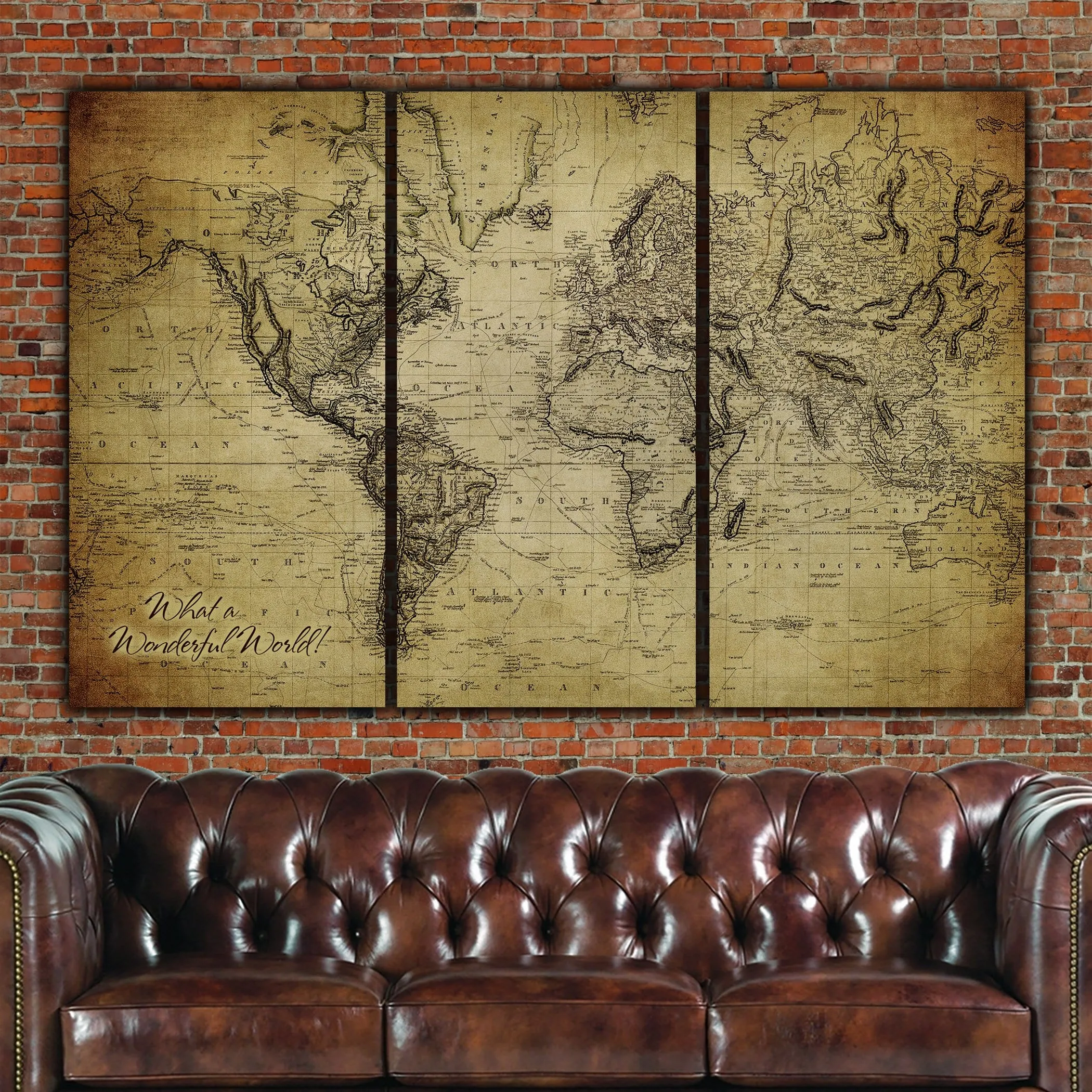 Golden Brown Vintage World Map Wall Art - Circa 1850