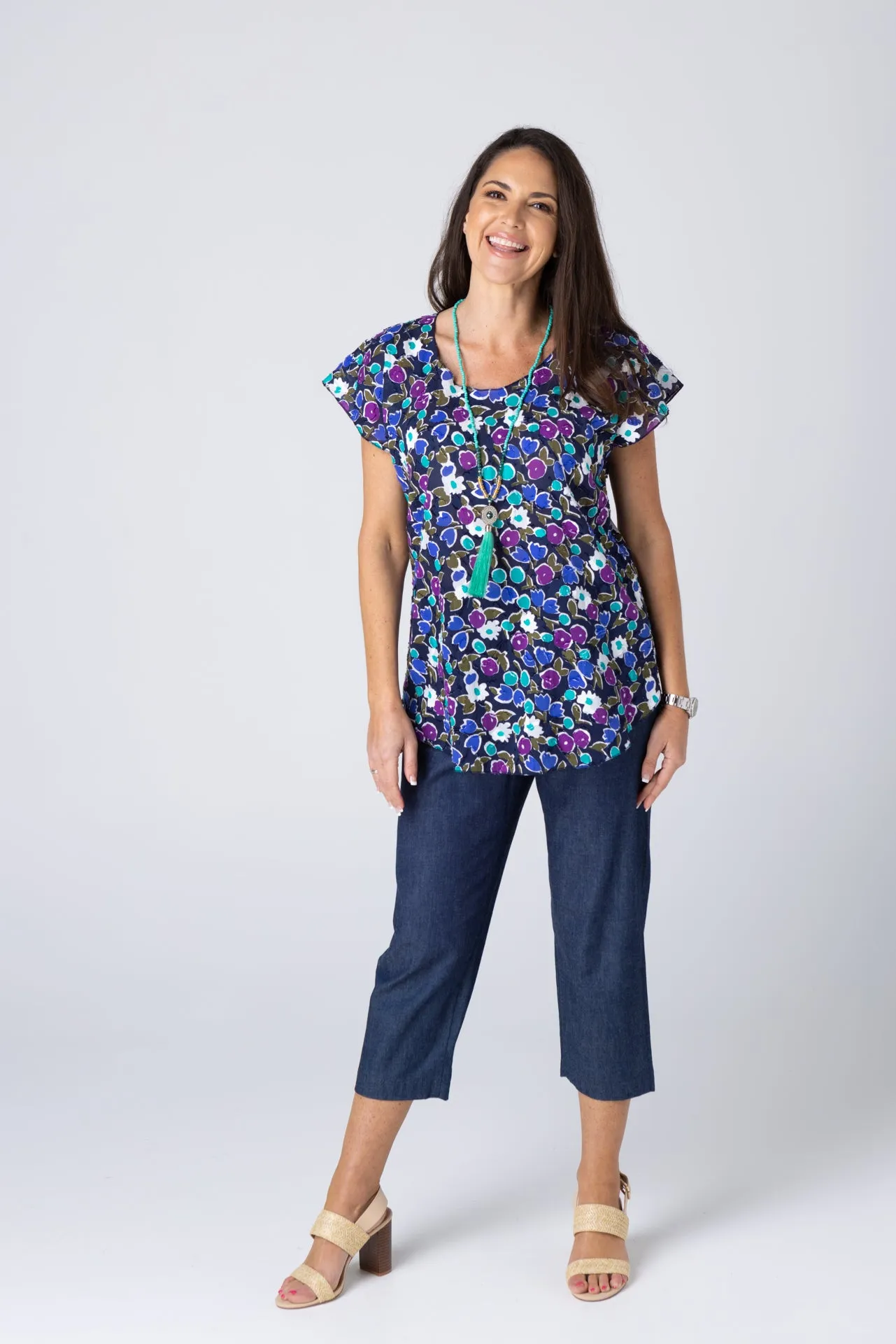 Grape Print Short Sleeve Non-Crush Jacquard Cotton Top