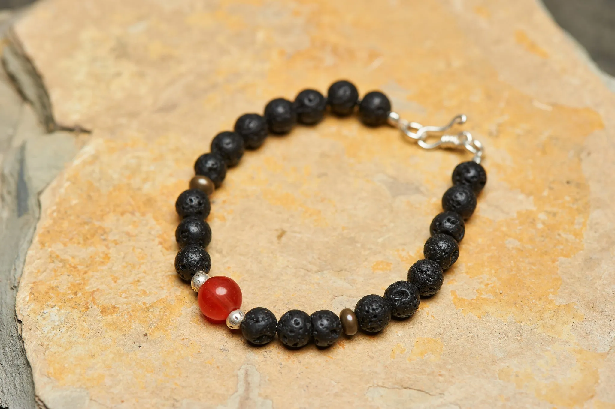 Hand Made Tibetan Mala With Carnelian and Black Lava Beads Bracelets