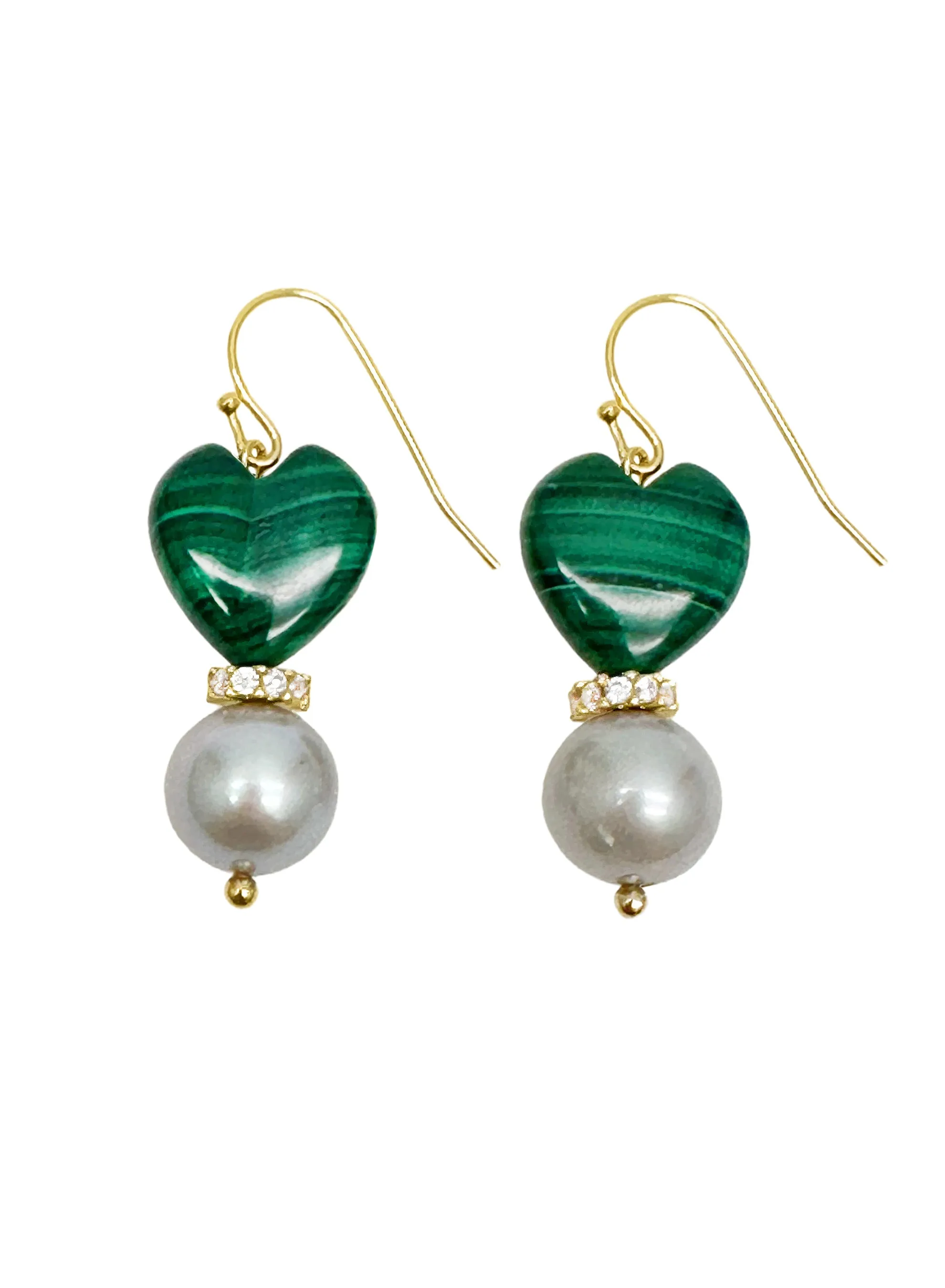 Heart Malachite with Gray Freshwater Pearls Dangle Earrings LE031