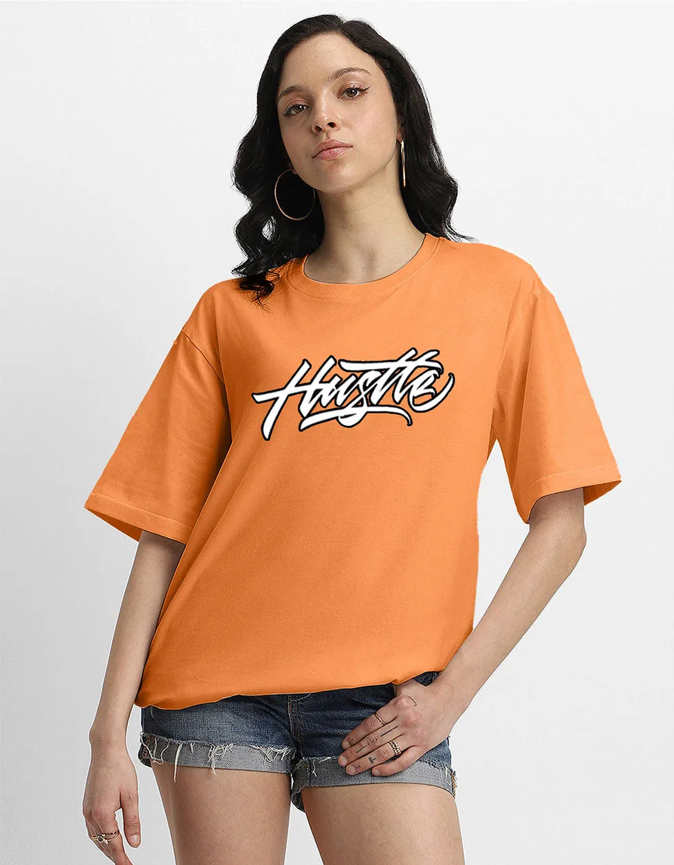 HUSTLE Women Orange Oversized Back Graphic Printed Tshirt