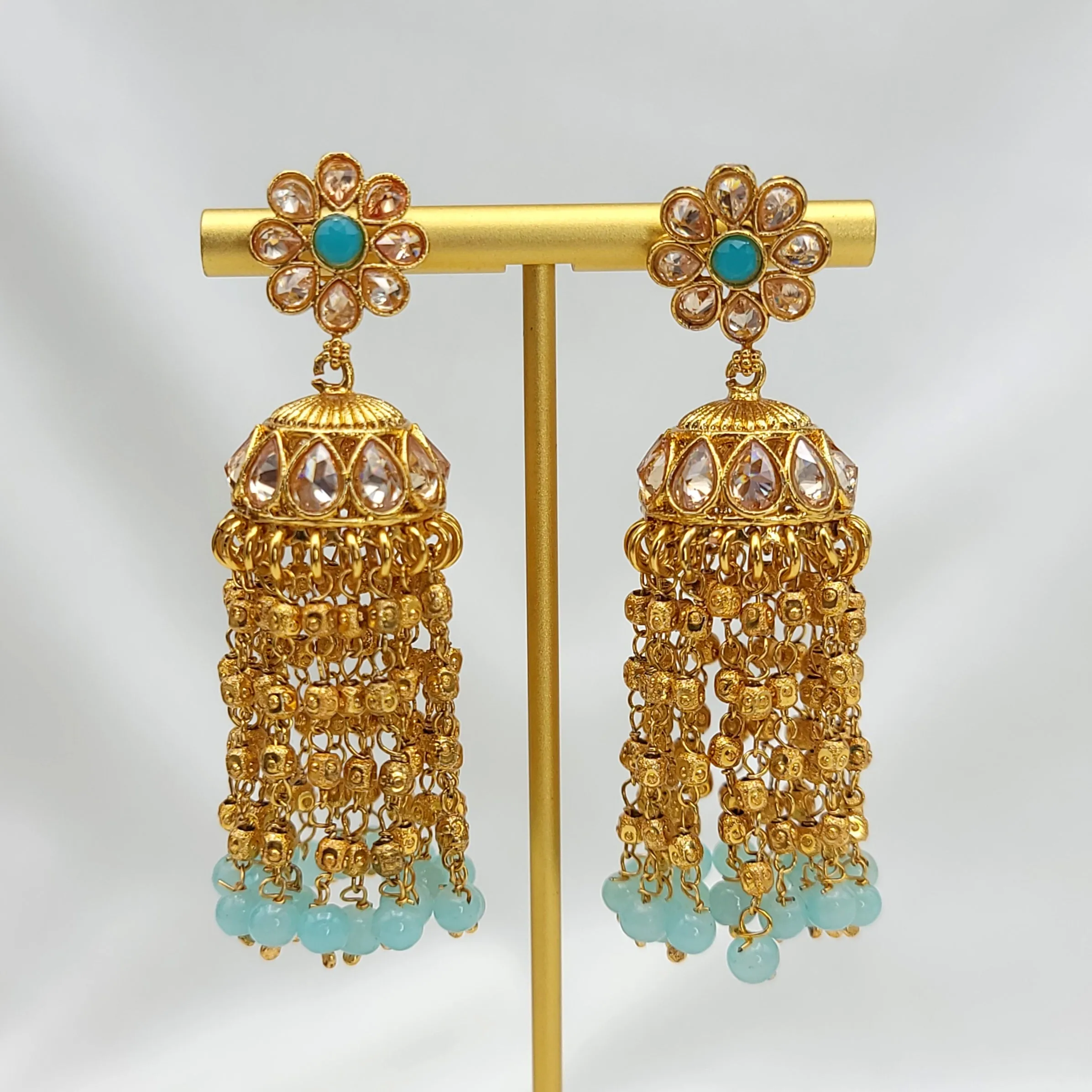 Light Blue Long Anitque Gold Jhumka