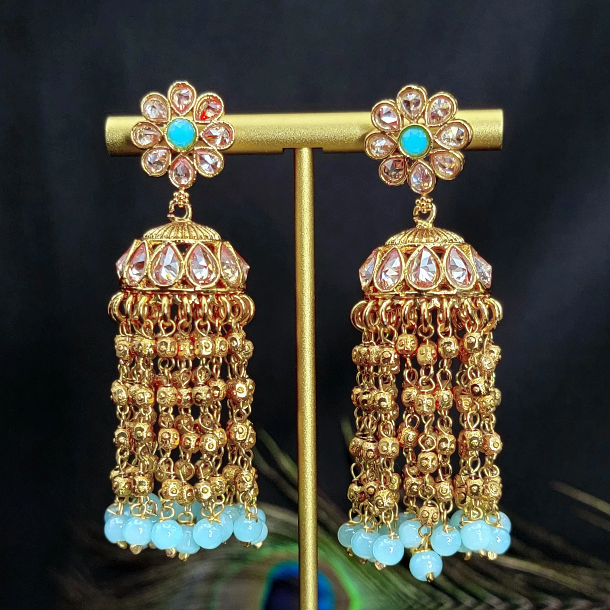 Light Blue Long Anitque Gold Jhumka