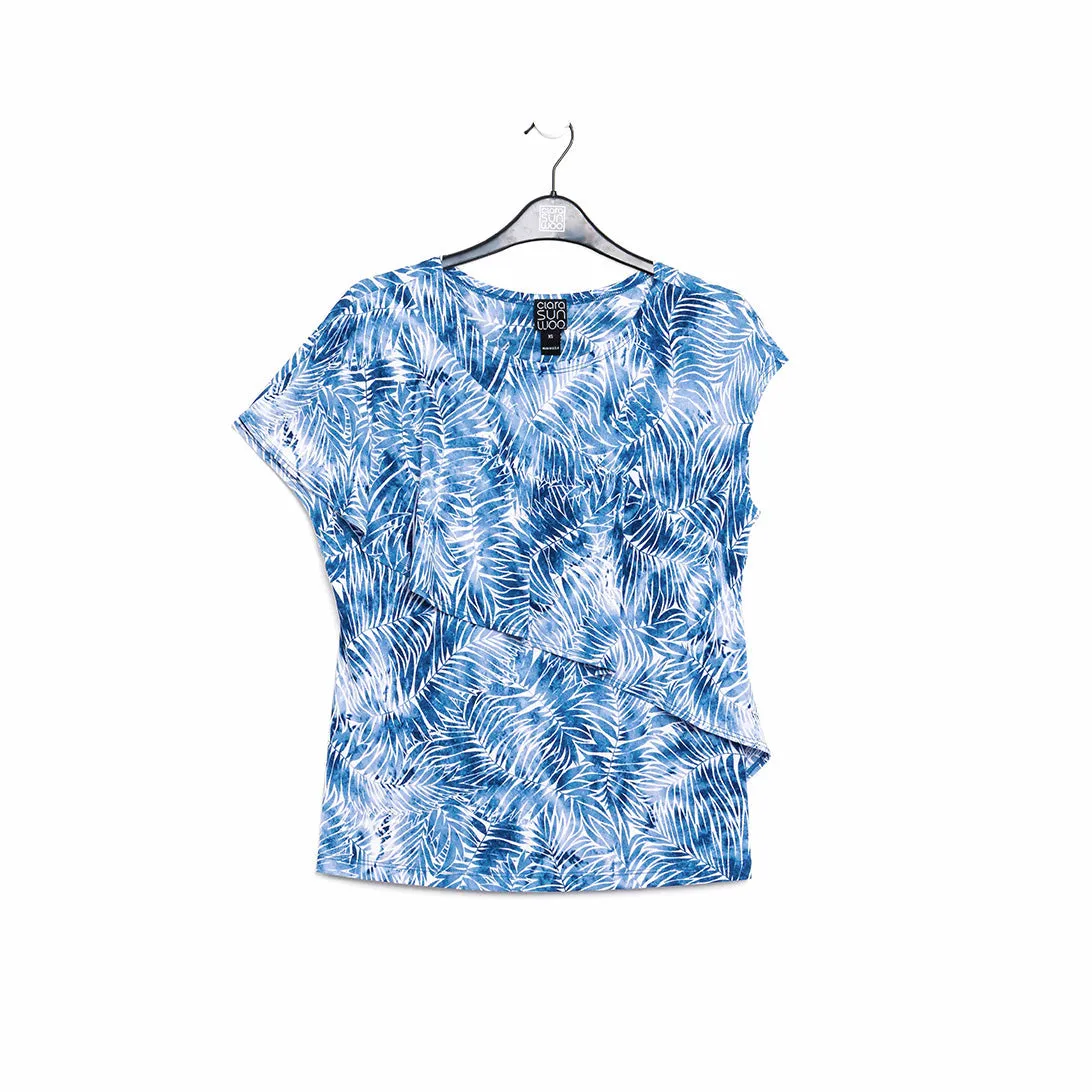 Light Knit - Ruffle Overlay Top - Palm Branch-Blue - Final Sale!