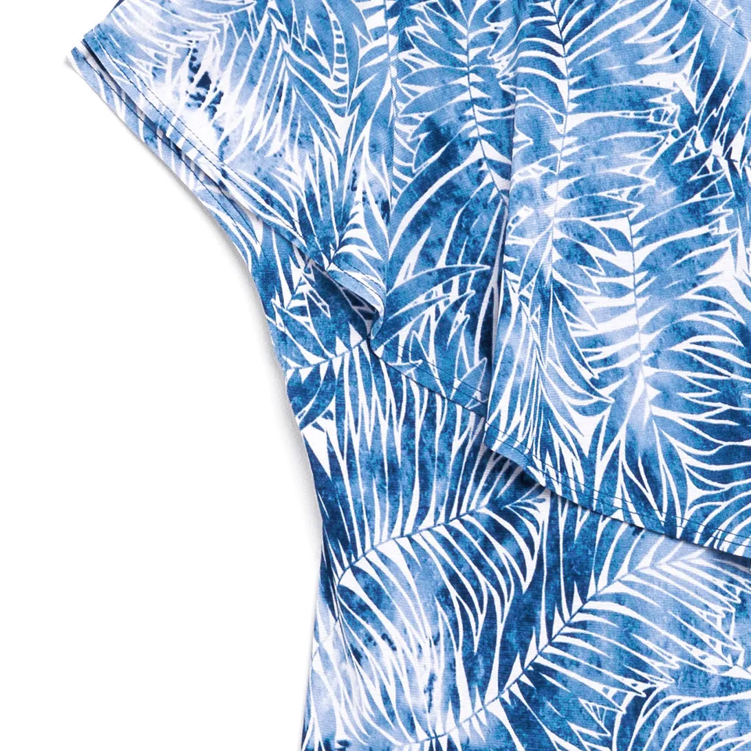 Light Knit - Ruffle Overlay Top - Palm Branch-Blue - Final Sale!