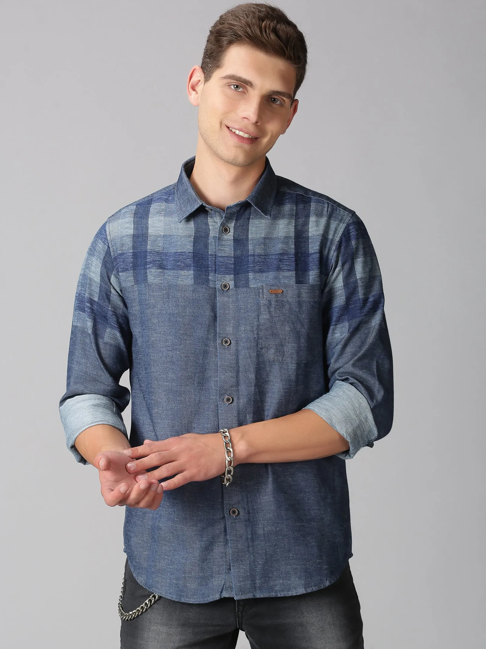 MEN'S BLUE INDIGO ENGINEERED CHECKS SLIM FIT SHIRT