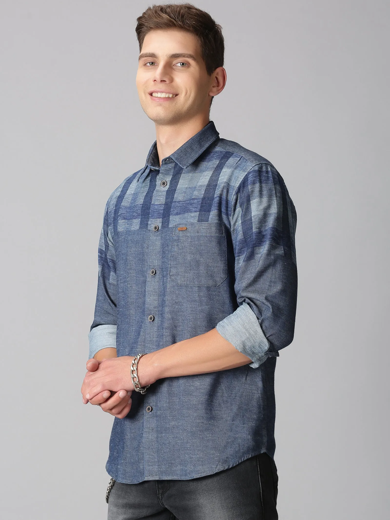 MEN'S BLUE INDIGO ENGINEERED CHECKS SLIM FIT SHIRT