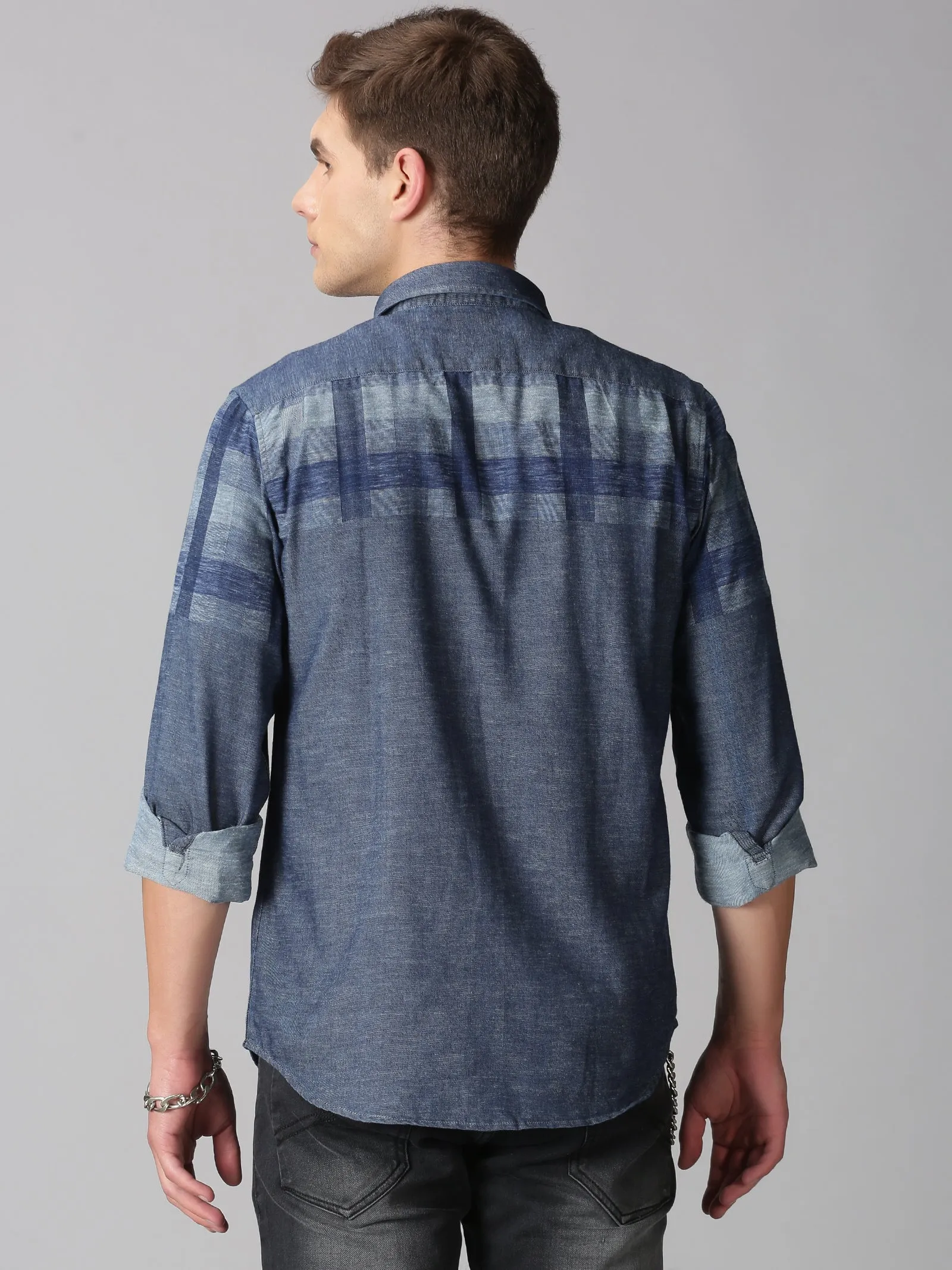 MEN'S BLUE INDIGO ENGINEERED CHECKS SLIM FIT SHIRT