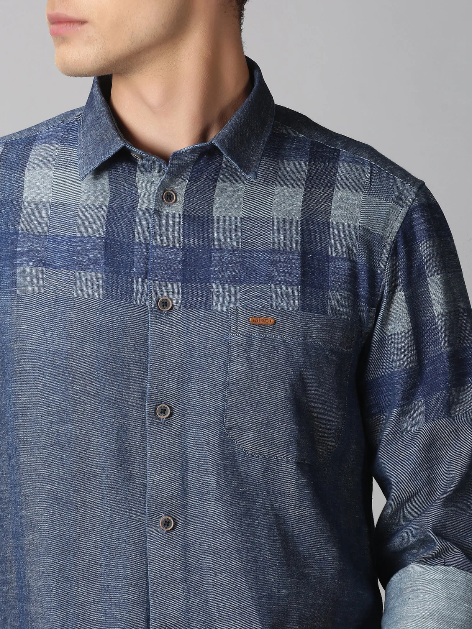 MEN'S BLUE INDIGO ENGINEERED CHECKS SLIM FIT SHIRT