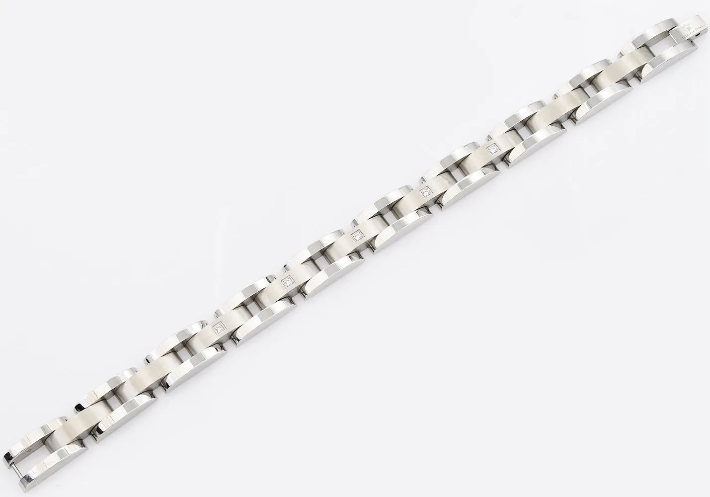 Mens Curved Link Stainless Steel Bracelet With Cubic Zirconia