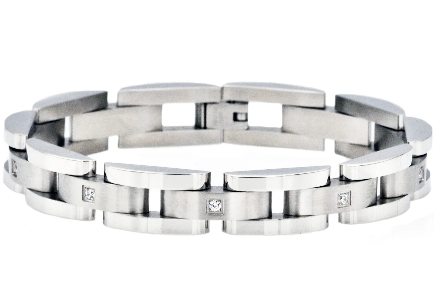 Mens Curved Link Stainless Steel Bracelet With Cubic Zirconia