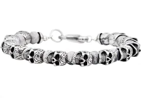 Mens Genuine Gray Caso Jasper Stainless Steel Skull Beaded Bracelet