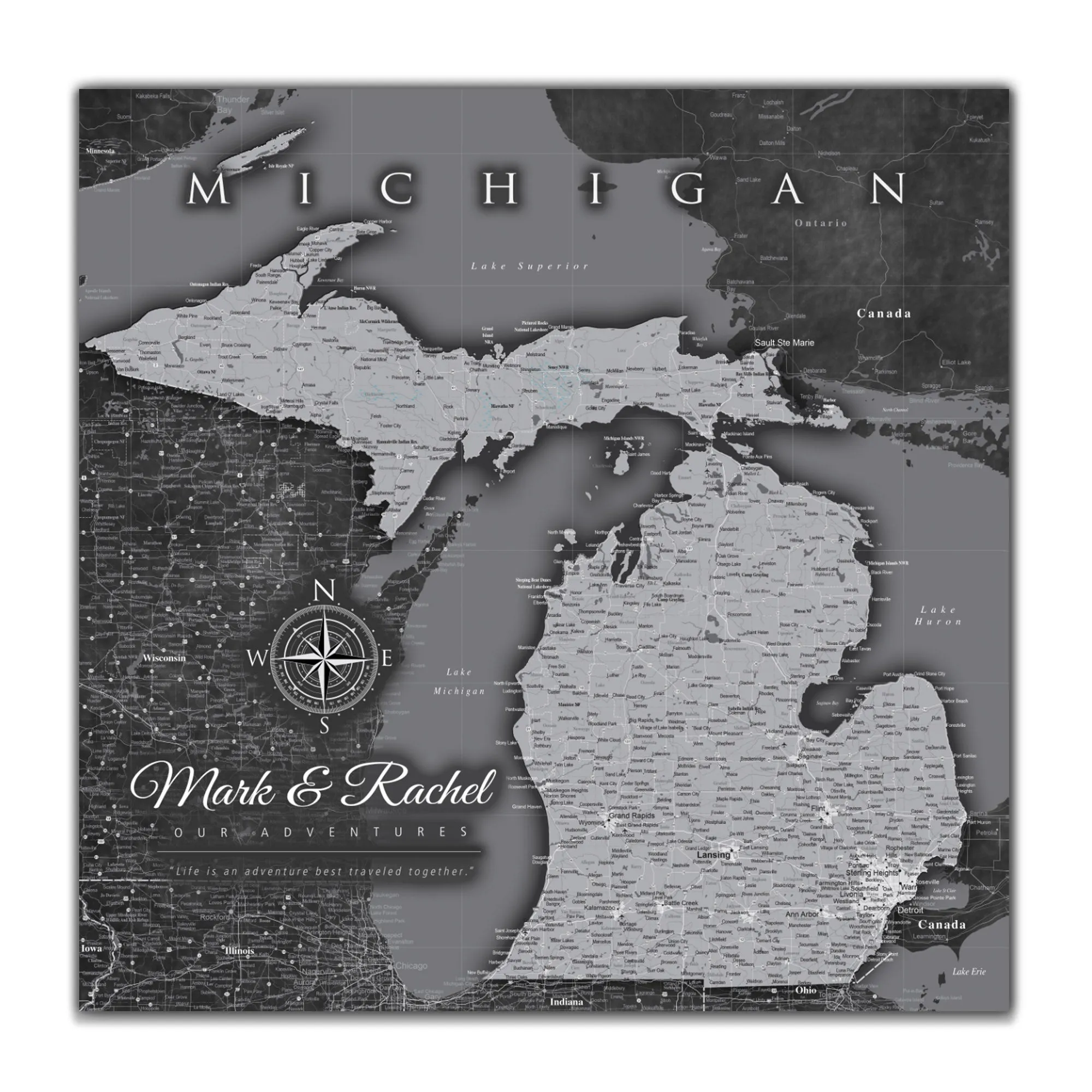 Michigan Push Pin State Travel Map Wall Art - Grey | Holy Cow Canvas