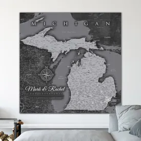 Michigan Push Pin State Travel Map Wall Art - Grey | Holy Cow Canvas