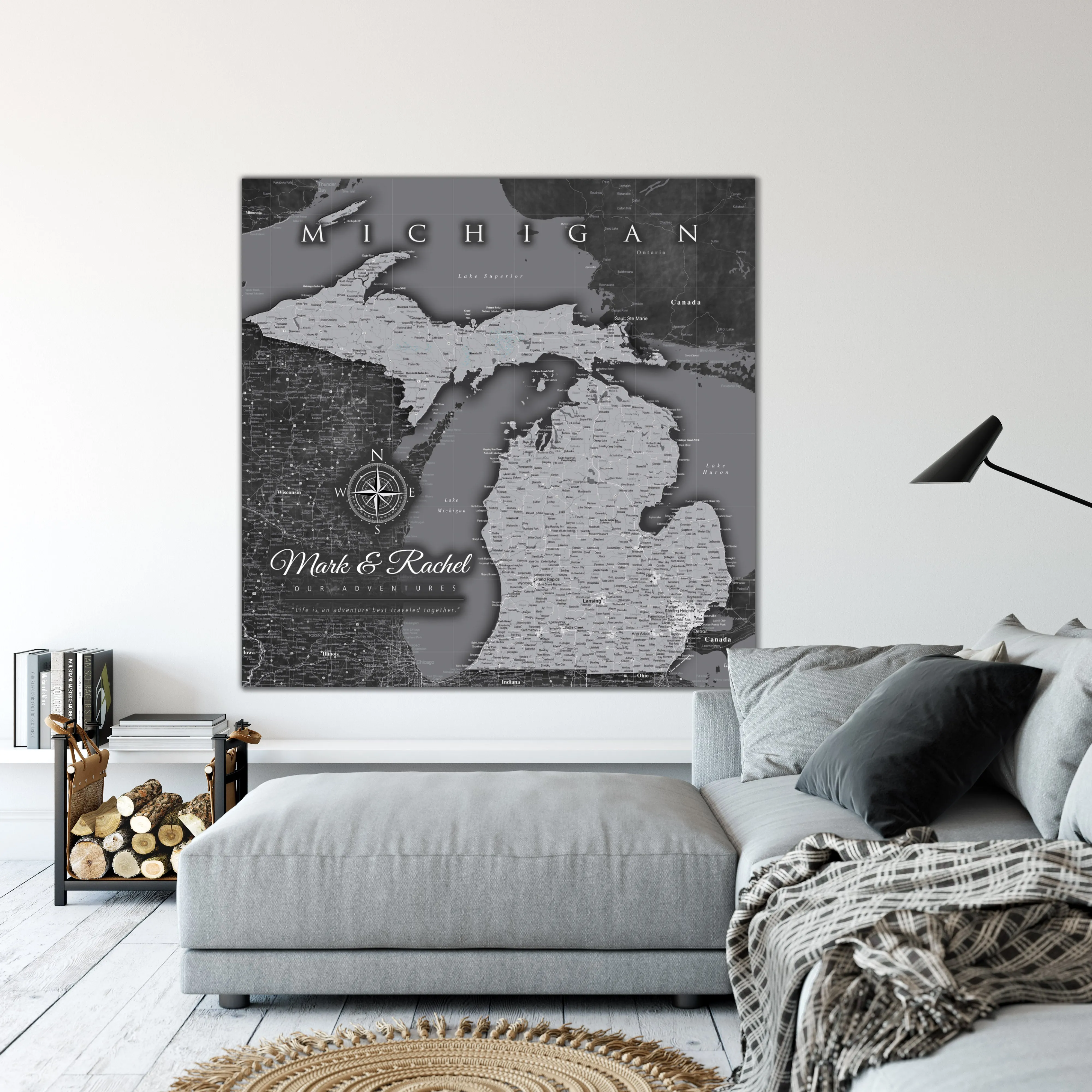 Michigan Push Pin State Travel Map Wall Art - Grey | Holy Cow Canvas