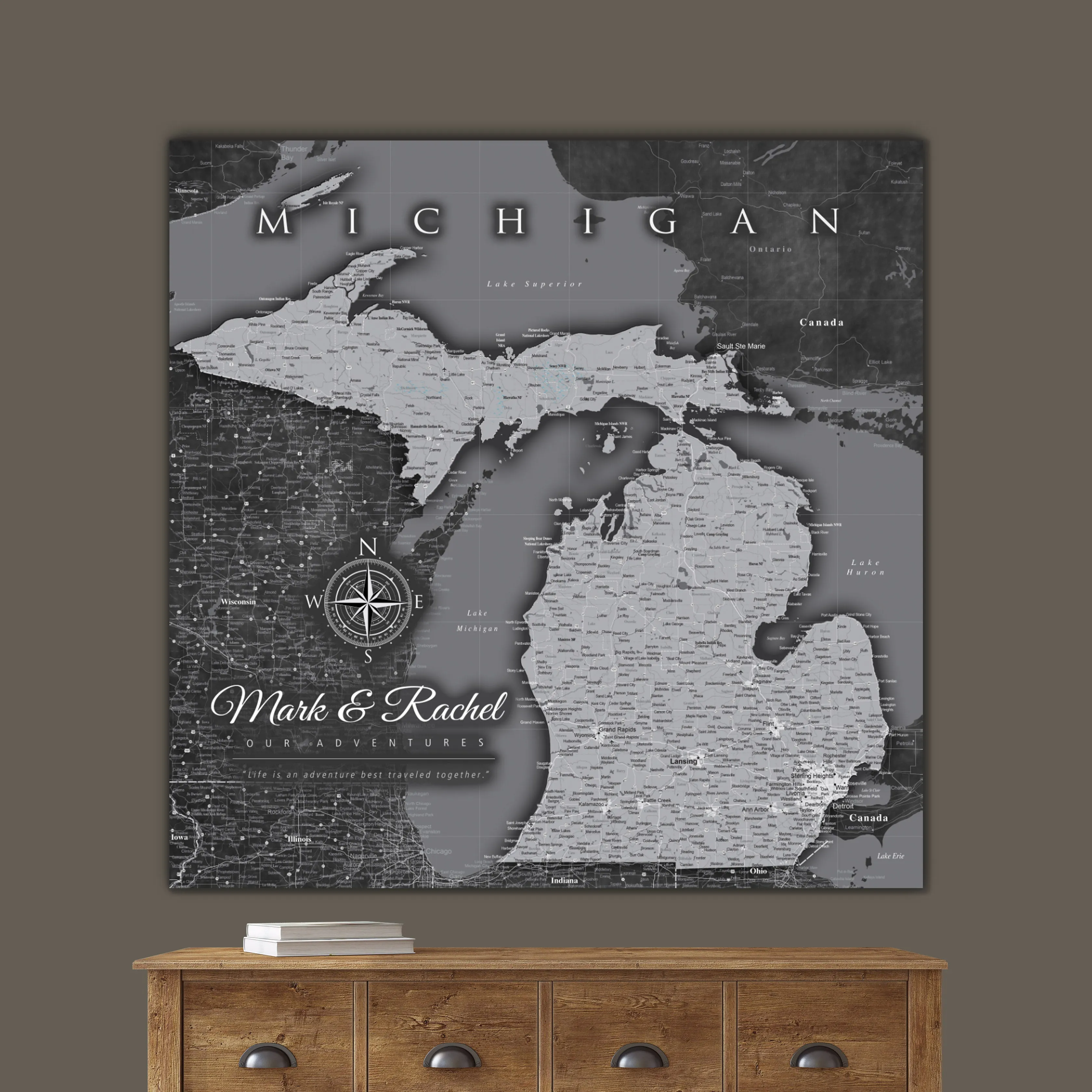 Michigan Push Pin State Travel Map Wall Art - Grey | Holy Cow Canvas