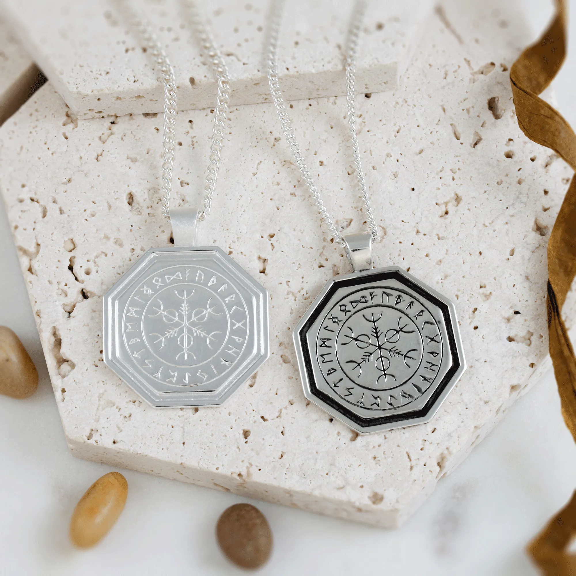 Octagon Vegvisir Viking Rune Personalised Silver Necklace