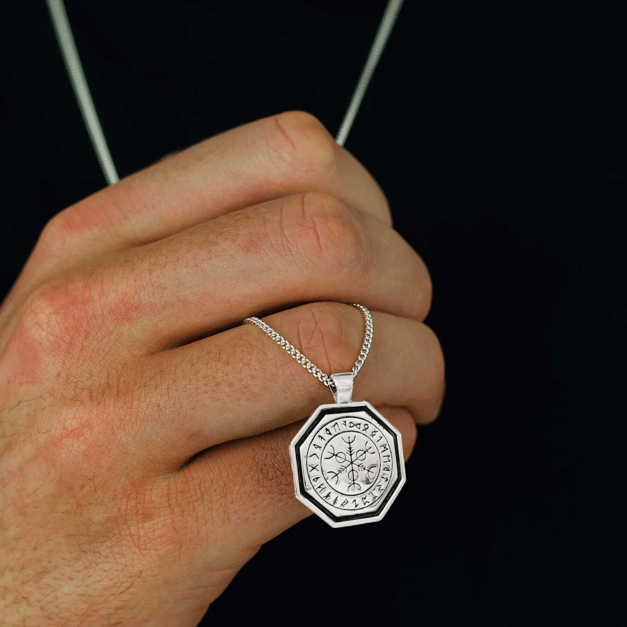 Octagon Vegvisir Viking Rune Personalised Silver Necklace